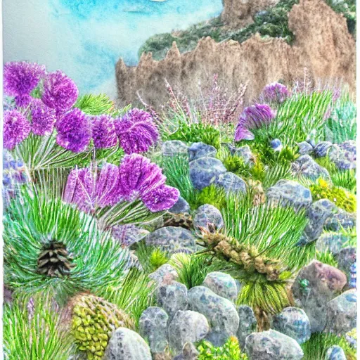 Image similar to delicate coastline mountain garden on paper, rock, bees, puffy, botanical herbarium, botanic watercolors, iridescent, 8 k wide angle, realistic shaded, fine details, artstation, italian, rainbow, colonnade, temple, oak tree, pinecone, pomegranade, vines, gardena architecture, pompeian, sicilian