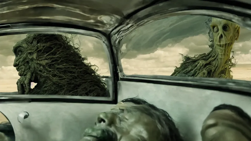 Image similar to the creature sits in a car, made of wax and metal, they look me in the eye, film still from the movie directed by Denis Villeneuve and David Cronenberg with art direction by Salvador Dalí, wide lens