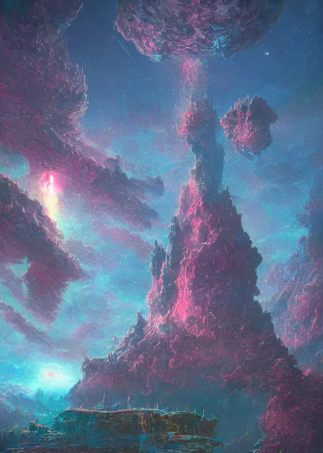 Image similar to an ultra detailed midjourney concept digital art painting of a flying island castle city, towers levitating across space in an iridescent nebula by paul lehr kazumasa uchio situated in a starry expanse of bioluminescent cosmic worlds by beksinski and beeple, ecological art, sharp details, floating citadel with towers, trending on artstation