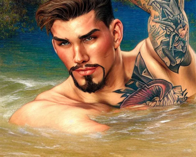 Image similar to handsome tattooed gym bro wades in the river, painting by artgerm, gaston bussiere, craig mullins, j. c. leyendecker, tom of finland