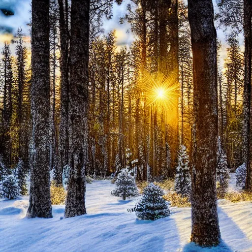 Image similar to snowflake in front of pinetree forrest, realistic, golden hour, hdr lights