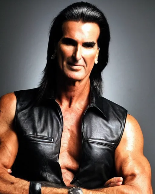 Prompt: photo of fabio lanzoni with black hair and a five o clock shadow wearing a black leather vest, shirtless, dark cargo pants 9 9 9 9 9 9 9 9 9