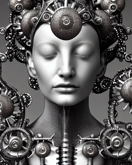 Image similar to mythical black and white organic bio-mechanical spinal ribbed profile face portrait detail of silver mechanical beautiful female angelic-queen-vegetal-cyborg, highly detailed, intricate steampunk flower and diamonds and gemstones ornate, poetic, 3D render, digital art, octane render, 8K artistic photography, photo-realistic, by Dora Maar