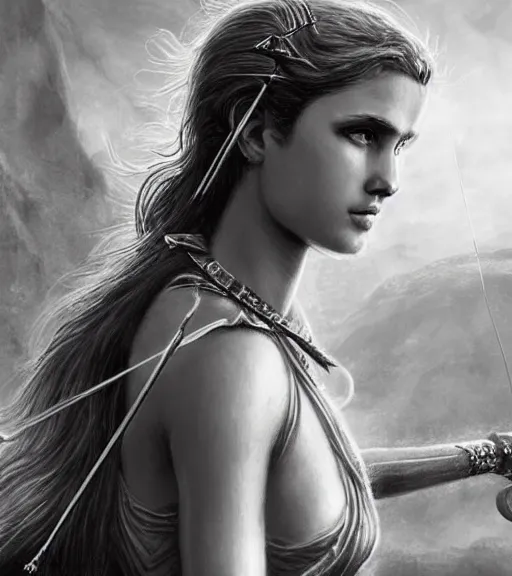 Image similar to beautiful young aphrodite goddess as an archer warrior, realistic face, beautiful eyes, black and white drawing, in the style of greg rutkowski, fantasy, amazing detail, epic, intricate, elegant, smooth, sharp focus