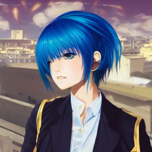 Image similar to profile shot of rimuru tempest looking forward, sky blue hair, ponytail, long bangs, gold eyes, black jacket with white stripes and a high collar, highly detailed, roman city, concept art, shutterstock, cinematic, wlop | artgerm, pixiv, ilya kuvshinov, greg rutkowski, yoshitaka amano