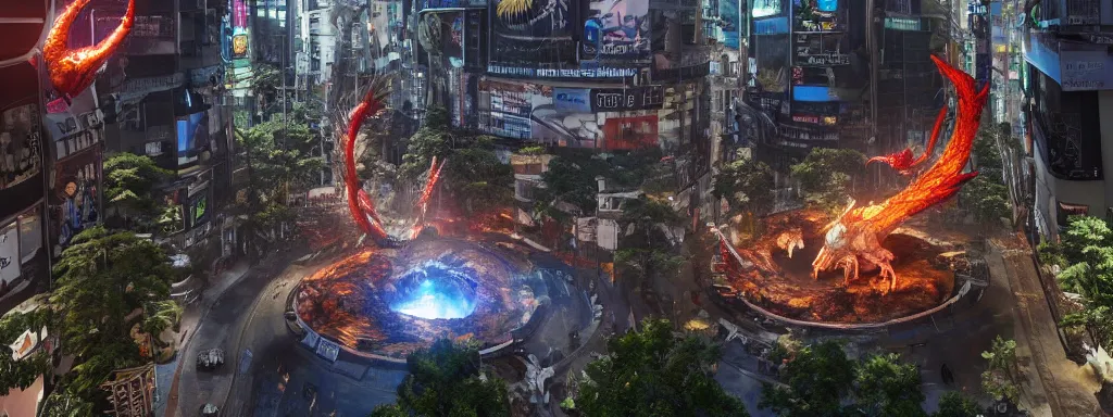 Image similar to large sinkhole in the middle of shibuya tokyo, with ancient glowing spiked wyvern flying creatures emerging from the hole, in the style of monster hunter world, like concept art on artstation, hyperdetailed, vray render, octane render,