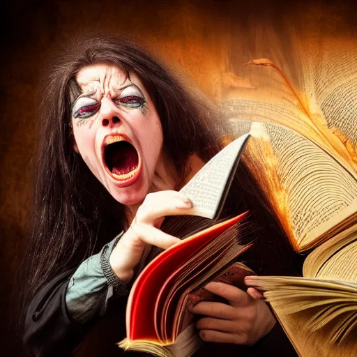 Image similar to enraged witch tearing her own book while screaming in frustration, comedy, fantasy, D&D, HDR, natural light, dynamic pose, award winning photograph, 8k, Mucha style,