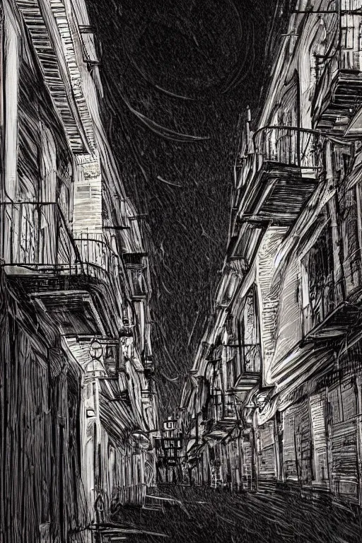 Image similar to sevilla city, art by neil gaiman, trending on artstation, dark atmospheric lighting front view synthwave, street art, fisheye lens, magic realism, eclecticism