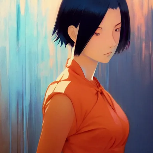 Image similar to manga girl in a orange dress, fine - face, gravure model, realistic shaded perfect face, fine details. anime. realistic shaded lighting poster by ilya kuvshinov katsuhiro otomo ghost - in - the - shell, magali villeneuve, artgerm, jeremy lipkin and michael garmash and rob rey