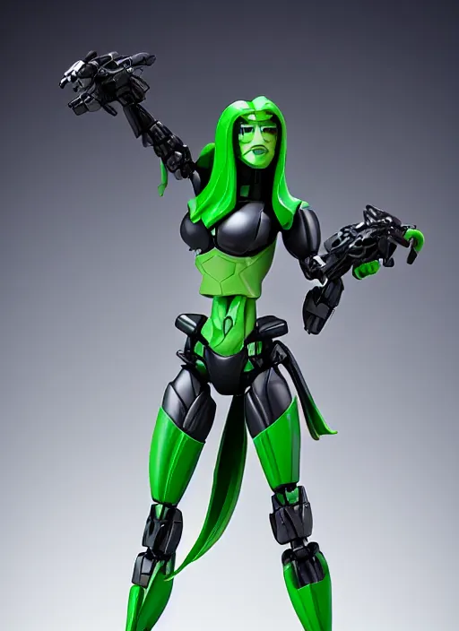 Image similar to Transformers Decepticon Shego action figure from Transformers: Kingdom, symmetrical details, by Hasbro, Takaratomy, tfwiki.net photography, product photography, official media