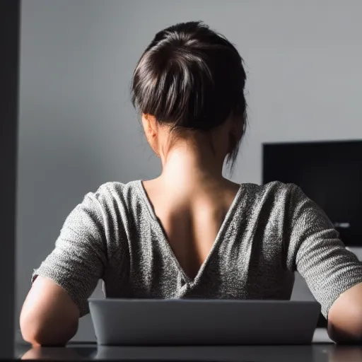 Prompt: angry woman looking at monitor typing on keyboard photo dramatic lighting from behind