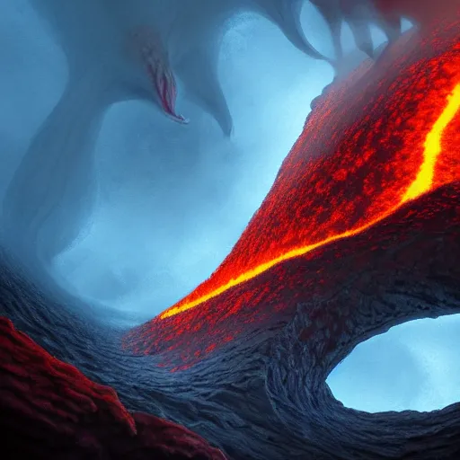 Prompt: lava monster!!!!!!! climbing out of the center of a volcano, digital concept art, artstation