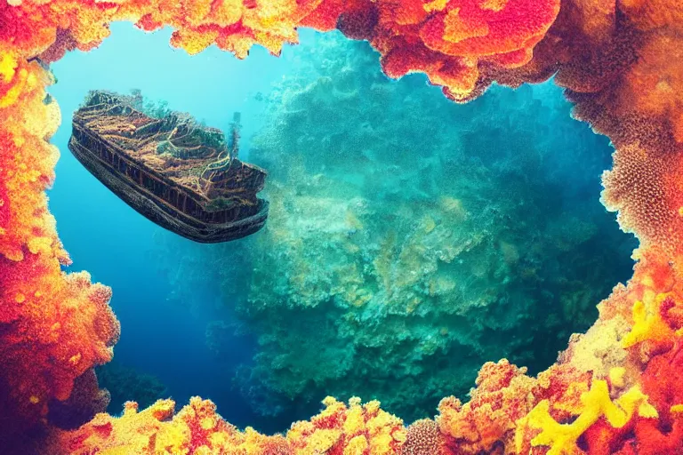 Image similar to “ a sunken ship. under the ocean. diffused sunlight from top. colorful corals growing on the ship. photorealistic ”