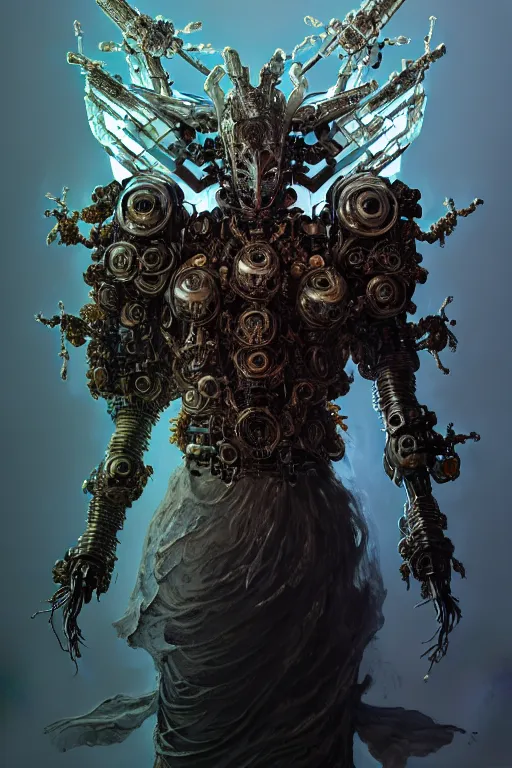 Image similar to asura from chinese myth, ghost, luxurious armor mixed with leather and metal, dystopian, cyberpunk, organic fractal mycelum and fungi, mecha, halfturn portrait of a big crystal face made of crystals half - turn, ominous, intricate, studio, art by anthony macbain + greg rutkowski + alphonse mucha, concept art, 4 k, sharp focus