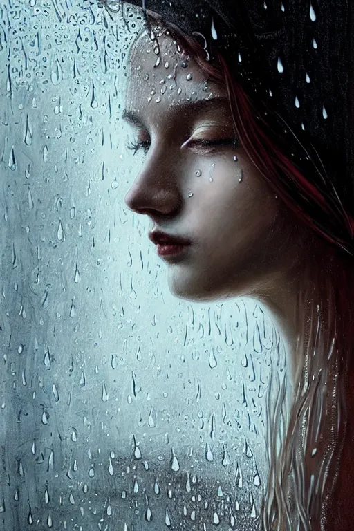 Prompt: portrait of a girl upside down in the rain with wet hair and face, fantasy, intricate, elegant, dramatic lighting, emotionally evoking symbolic metaphor, highly detailed, lifelike, photorealistic, digital painting, artstation, concept art, smooth, sharp focus, illustration, art by John Collier and Albert Aublet and Krenz Cushart and Artem Demura and Alphonse Mucha