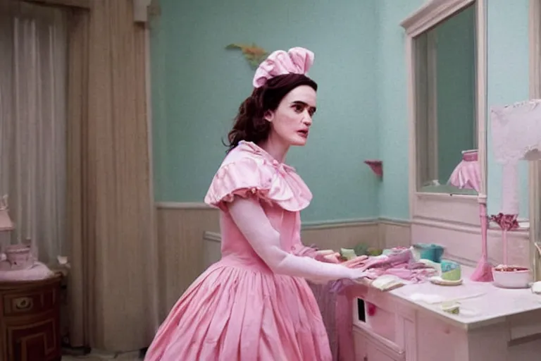 Image similar to mid-shot of Winona Ryder as a maid in the new movie directed by Wes Anderson, symmetrical shot, idiosyncratic, relentlessly detailed, pastel, limited colour palette, detailed face, movie still frame, promotional image, concept art, imax 70 mm footage