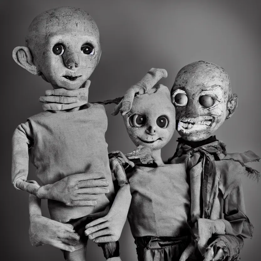 Image similar to creepy ventriloquist dummy in the style of roger ballen, 4 k, bw, portrait