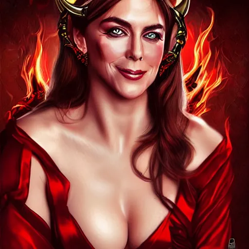 Image similar to illustrated realistic portrait of young Elizabeth Hurley as the Devil with horns wearing red flaming silk by rossdraws