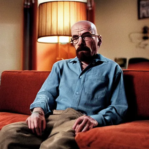 Prompt: Walter white sitting in a brown sofa with night lamps on and smoking cigars