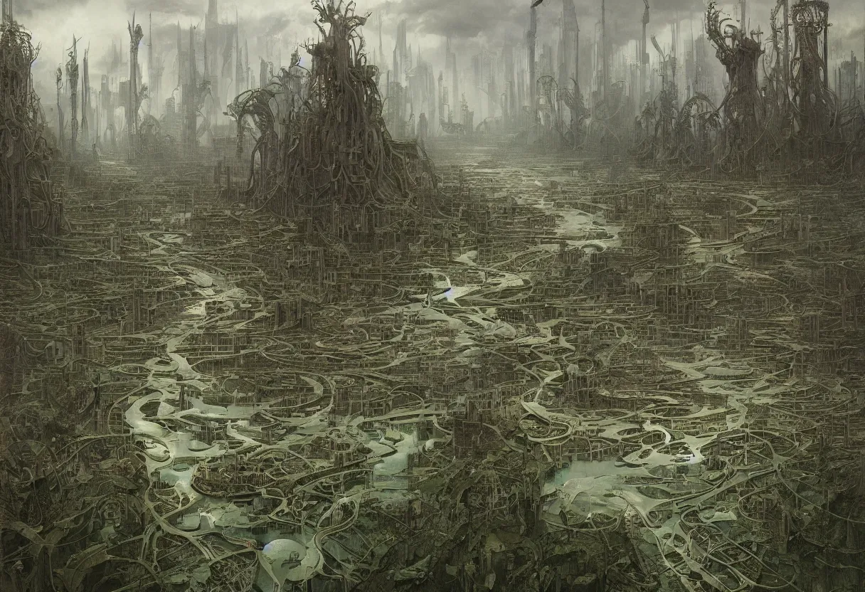 Image similar to the last patch of vegetation on earth at the edge of a futuristic megacity with sewage drains pumping sludge into the river, by daniel - by greg rutkowski and raymond swanland hr giger and zdzislaw beksinski and alphonse mucha and moebius, matte painting, hyperdetailed, symmetry, art nouveau, beautiful render, concept art