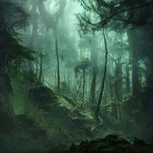 Prompt: a green eldritch monstrosity in an overgrown forest viewed from the sky by Marek Okon, god rays, fantasy art, 4k, HDR, photorealistic, 8k, trending on artstation