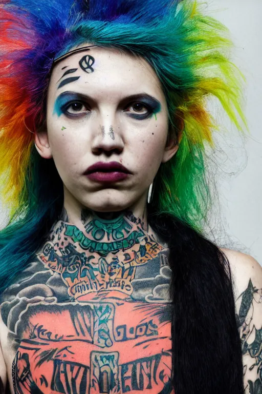 Image similar to upper body portrait hannah murray as a punk woman with green mohawk, covered in neotraditional style tattoos, septum ring, piercings, wearing a bold tee shirt, flannel jacket, fishnets and a long tartan skirt, intimidating, max details, hyperrealistic, photorealistic, ultra - realistic, ultra - detailed, cinematic, 8 k resolution by alan lee