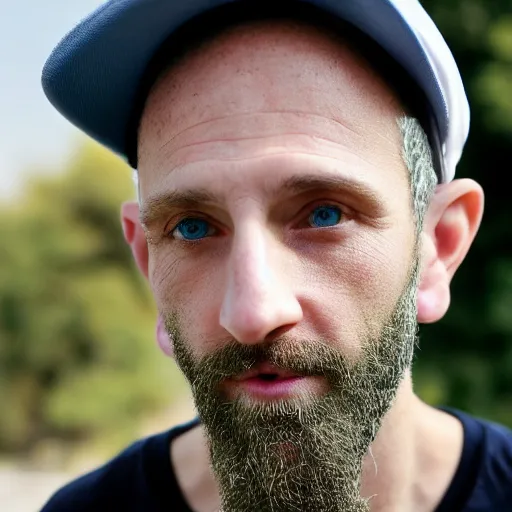 Image similar to color photograph of a 40 year old white Jewish Israeli skinny man with short, curly, blond hair and very small blue eyes, dressed in a white t shirt, gray shorts and a gray cabby cap, with a small mole to the right of his very thin lips, with a straight nose and blond stubble, with a round face, and an earring in the left ear. He resembles a lion.