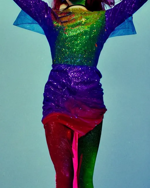Image similar to hila klein, wearing an oufit made from rainbow glitter, weird expressionist pose, modern fashion, half body shot, photo by greg rutkowski, female beauty, f / 2 0, symmetrical face, warm colors, depth of field