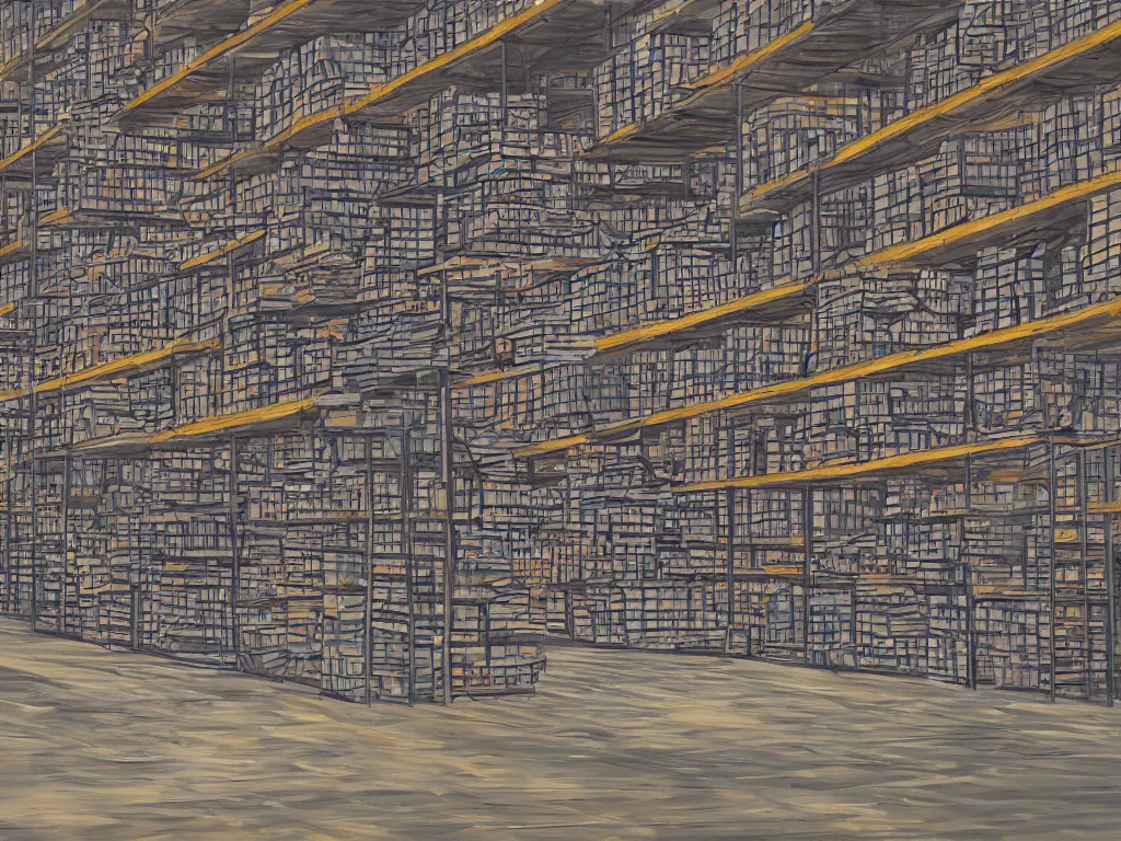 Image similar to a contemoprary painting of a warehouse with huge shelves in which stacks of paper are stored, trending on artstation