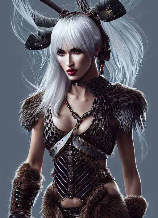 Prompt: ! dream barbarian, fur leather armor!!! megan fox, beautiful and elegant white hair female!! gorgeous ayes!! character concept art, sharp focus, octane render! unreal engine 5! highly rendered!! trending on artstation!! detailed linework!! illustration by artgerm, wlop, and chie yoshii