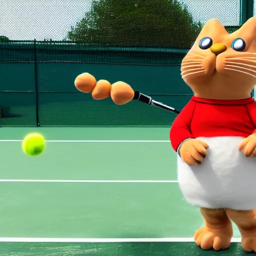 Prompt: A humanoid fridge is playing tennis against Garfield the cat