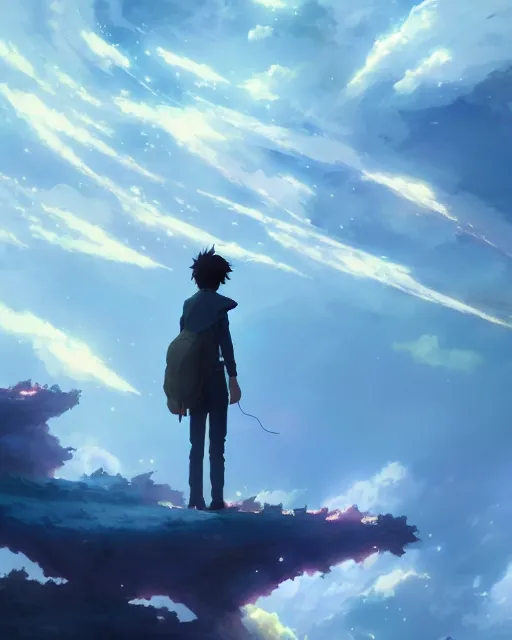 Image similar to makoto shinkai concept art of descending quran from the nebula cloud, key visual, ambient lighting, highly detailed, digital painting, artstation, concept art, sharp focus, by makoto shinkai and akihiko yoshida and hidari and wlop and greg rutkowski