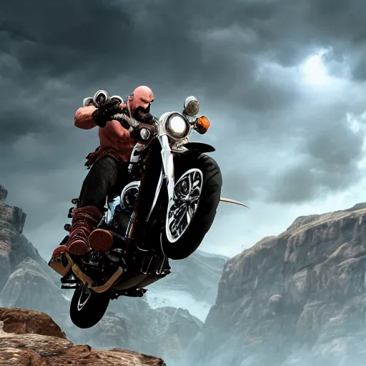 Prompt: kratos jumping a black harley - davidson motorcycle off a cliff, cinematic render, playstation studios official media, god of war 2 0 1 8