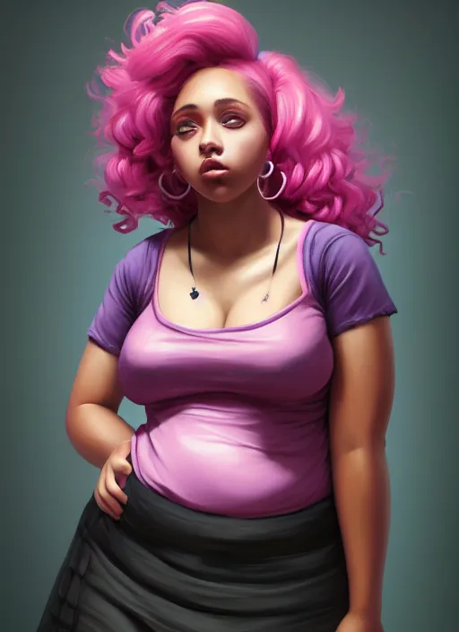 Image similar to full body portrait, teenage vanessa morgan, pink hair, obese, curly pixie hair, sultry, realistic, short hair, hoop earrings, skirt, shirt, fat, belly, black girl, intricate, elegant, highly detailed, digital painting, artstation, concept art, smooth, sharp focus, illustration, art by wlop, mars ravelo and greg rutkowski