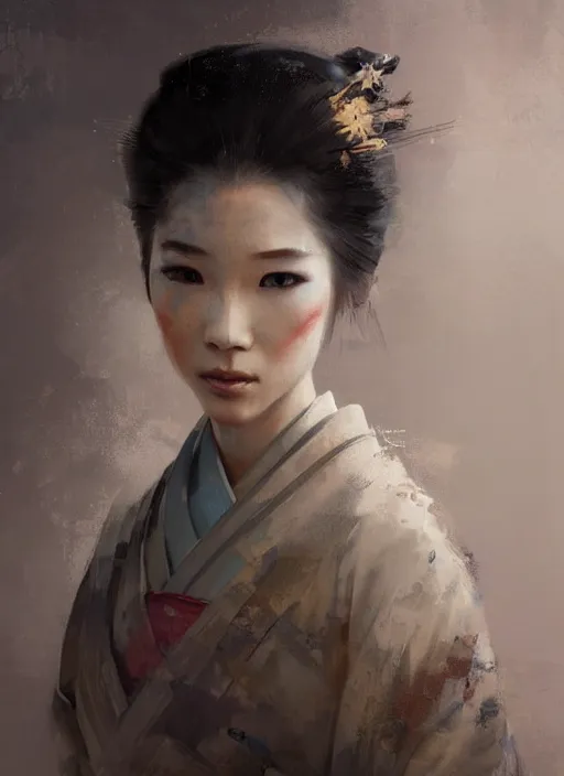 Image similar to female geisha girl, beautiful face, intricate outfit, spotlight, by greg rutkowski, by jeremy mann, digital painting
