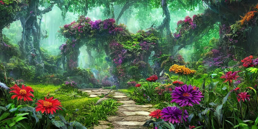 Image similar to An alien jungle, colorful flowers, pathway, reflection, rain, morning light, photorealistic, realistic, depth of field, temple ruins!, high definition, soft light, high definition, detailed, 8k, artstation
