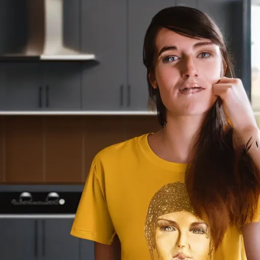 Image similar to a candid photo of a brunette female, young, athletic, australian, hyperrealistic artstation face, wearing a gold tshirt in a kitchen