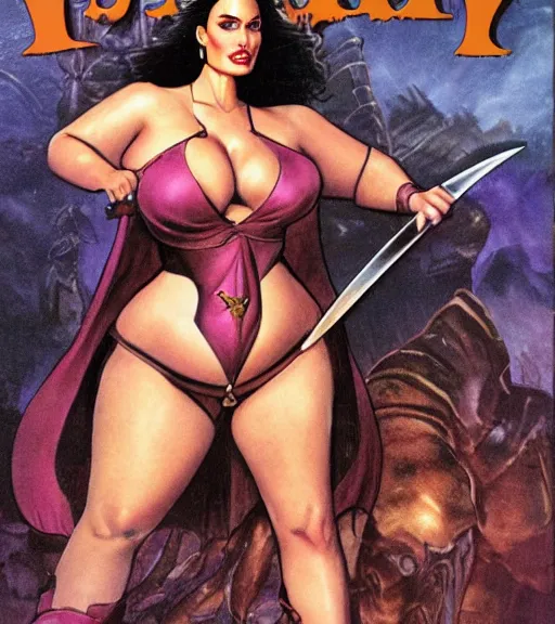 Image similar to 1 9 8 0 s fantasy novel book cover, bbw plus size amazonian angelina jolie in extremely tight bikini armor wielding a cartoonishly large sword, exaggerated body features, dark and smoky background, low quality print