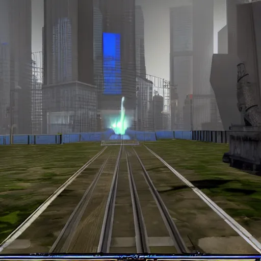 Image similar to mirror's edge in russia moscow, in game screenshot, with full hud with hands