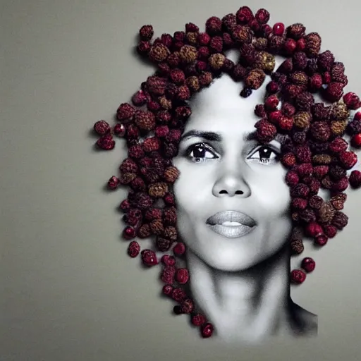 Image similar to a portrait made out of wild forrest berries of halle berry