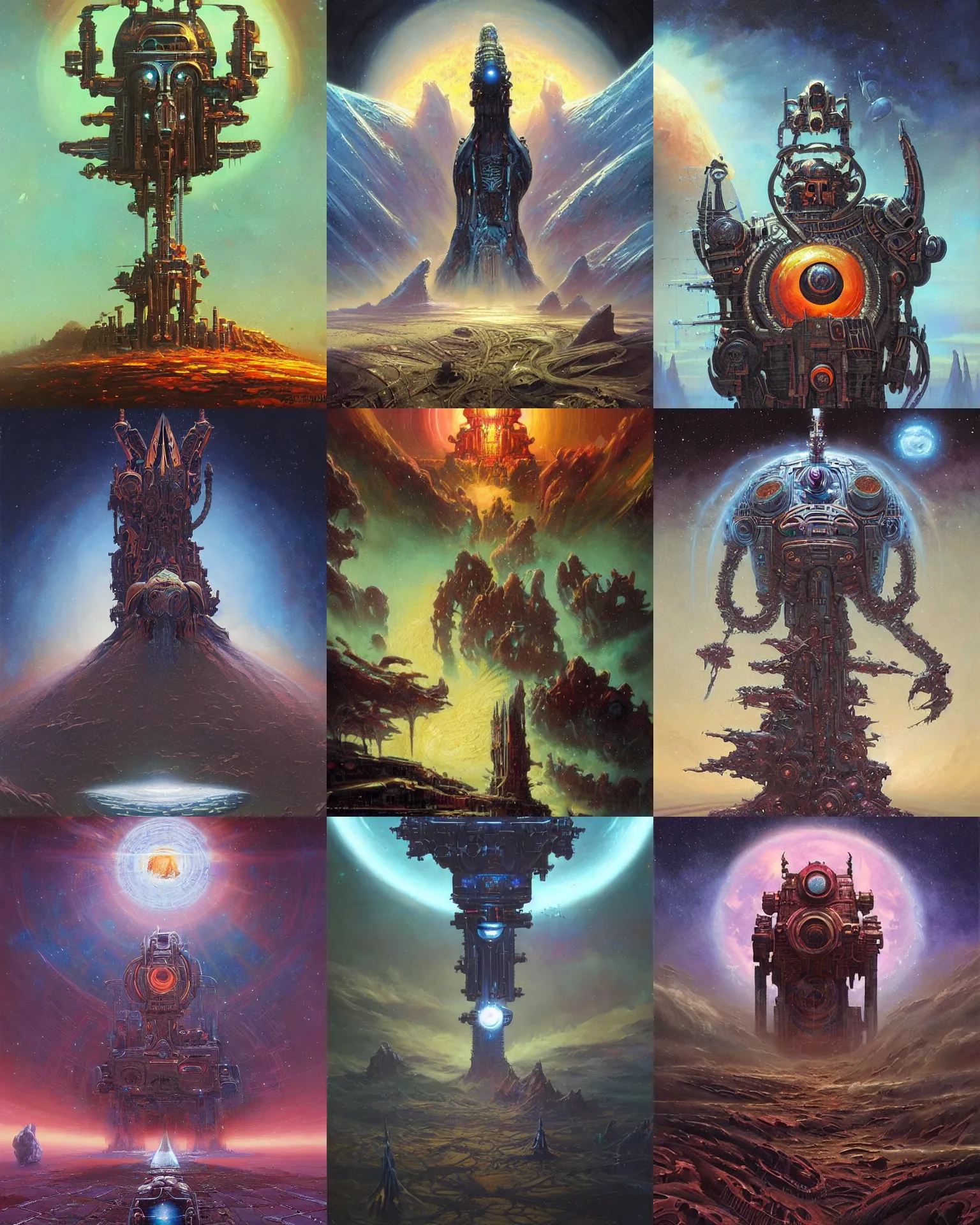 Prompt: beautiful oil painting, beautiful oil painting, beautiful oil painting, amazing unique dark sci-fi retro cover art of the great cosmic god machine by James Gurney and Greg Rutkowski and Tyler Edlin, amazing unique dark sci-fi retro cover art of the great cosmic god machine by James Gurney and Greg Rutkowski and Tyler Edlin, composition and color palette by Simon Stalenhag, composition and color palette by Simon Stalenhag, composition and color palette by Simon Stalenhag, composition and color palette by Simon Stalenhag, sci-fi inspiration from Jim Burns and Bruce Pennington, sci-fi inspiration from Jim Burns and Bruce Pennington, behold the great universe machine, atmospheric lighting, epic scale, dynamic angle, cinematic composition, sense of awe, wonder, anthropomorphic machine, anthropomorphic machine, luminous black hole portal into time and space, luminous black hole portal into time and space, intricate details, sense of perspective, artificial intelligence gods, artificial intelligence gods, destination at the end of a journey, fantasy elements, surrealism, award winning, genius, atmospheric, monumental, iconic, trending on art station, award winning, genius, atmospheric, monumental, iconic, trending on art station