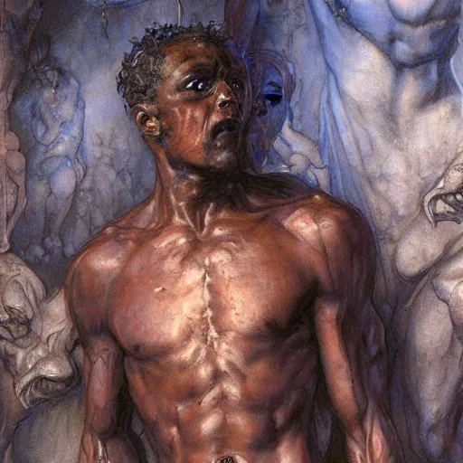 Image similar to Roguish Picaro Dsurion stands at the gates of Hades Hand Crafted By Rodin. Painting by Donato Giancola Jeff Simpson stamp watercolor