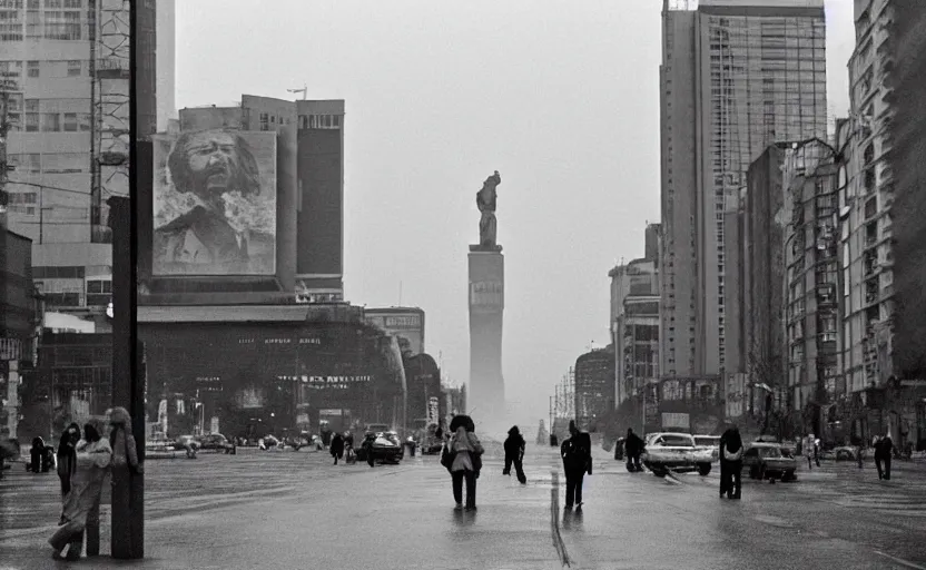 Prompt: 70s movie still of a soviet street with pedestrians with soviet high rise in the backround , Cinestill 800t 18mm beuatiful black and white, heavy grainy picture, very detailed, high quality, 4k panoramic, dramatic lightning, neon billboards and streetlight at night, rain, mud, foggy, big sculpture of Lenin on a square