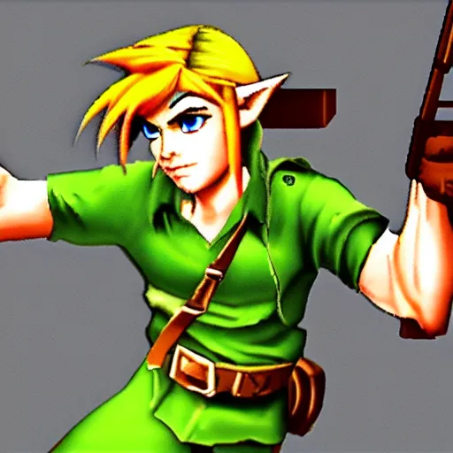 Prompt: link with a gun, ps 1 graphics