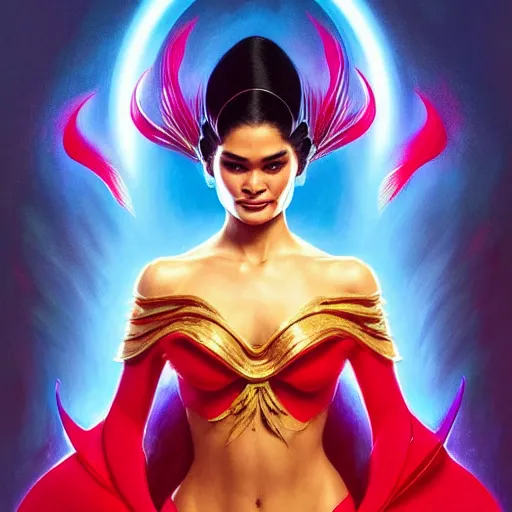 Image similar to pia wurtzbach as darna, volumetric lights, red and cyan theme, art nouveau botanicals, intricate, highly detailed, digital painting, artstation, concept art, smooth, sharp focus, cinematic, illustration, beautiful face, art by artgerm and greg rutkowski and alphonse mucha