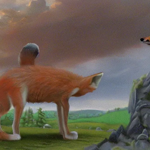 Prompt: anthropomorphic fox!! who i - s a medieval knight holding a swo - rd towards a stormy thundercloud [ 1 9 3 0 s film still ], ( castle in the background )