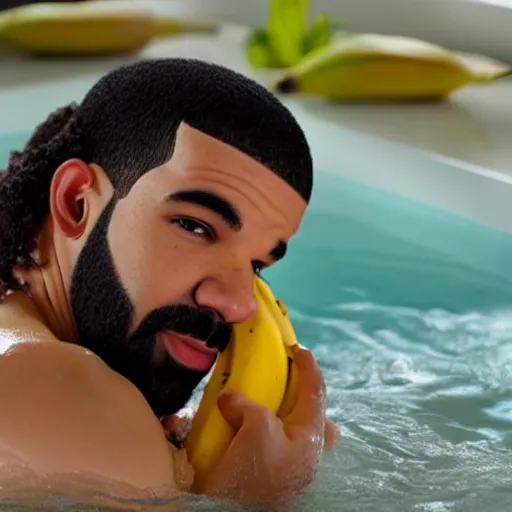 Prompt: Drake taking a bath with bananas, 8k, sharp, high details, detailed face