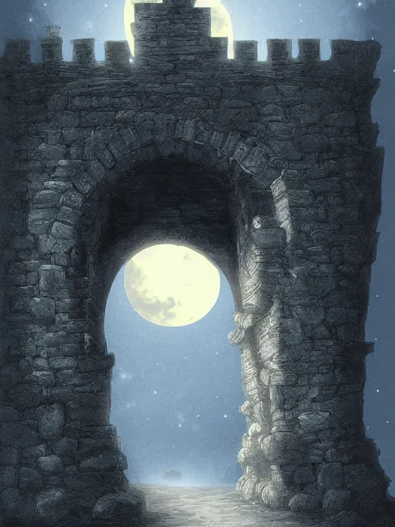 Prompt: beautiful digital detailed illustration painting of a stone archway in the moonlight game of thrones city