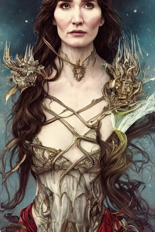 Image similar to carice van houten as a fire priest, cute, fantasy, intricate, elegant, highly detailed, digital painting, 4 k, hdr, concept art, smooth, sharp focus, illustration, art by artgerm and h r giger and alphonse mucha