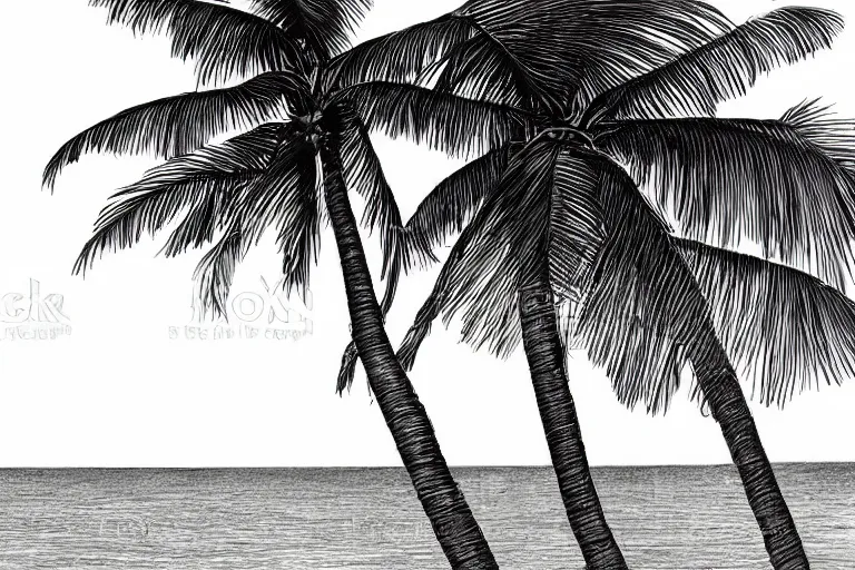 Prompt: a highly detailed pencil sketch of a beautiful tropical island, calm waters, palm trees on the shores